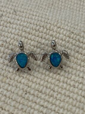 Blue Opal Turtle Stud Earrings in Sterling-Tone Metal